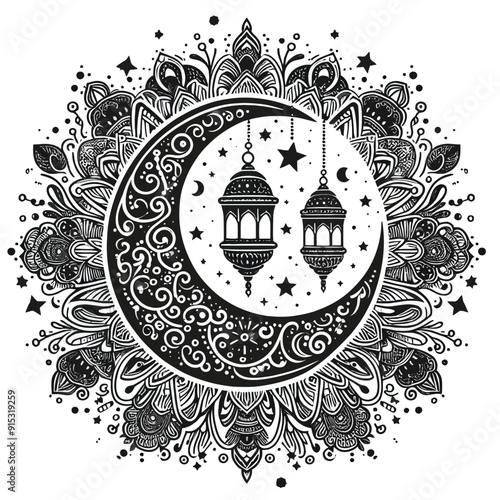 Illustrate a henna-inspired pattern with crescent moons and lanterns vector