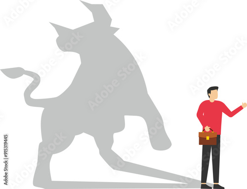 Confident businessman standing bull shadow concept illustration. Trade exchange, green bull. Global economy boom. Modern vector illustration in flat style

