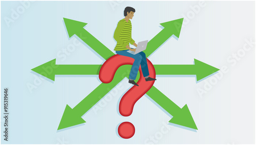 Man uncertain about what road he should choose. Sitting on question mark with arrows with different angels in background. 16:9. Vector illustration.
