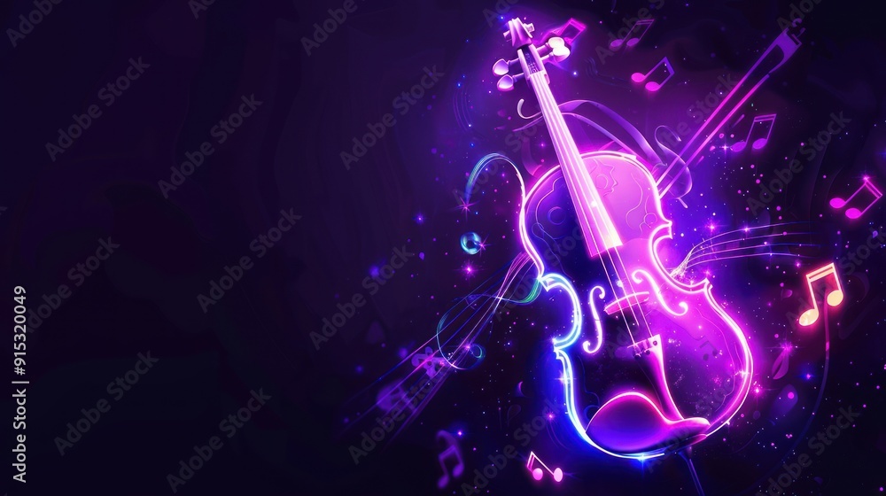 Fototapeta premium Neon Violin with Musical Notes