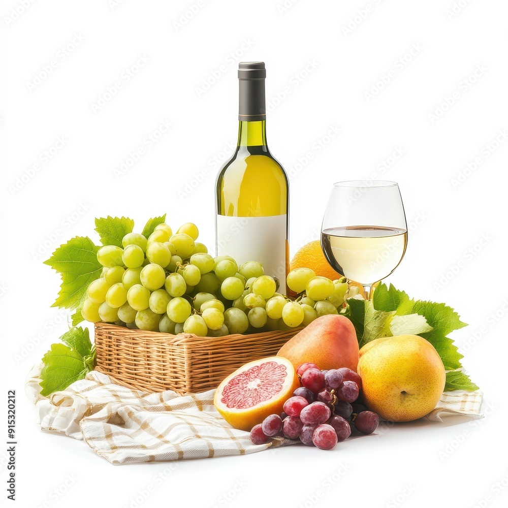Picnic setup with a bottle of wine, fresh fruit, and a glass on a blanket Picnic setup with a bottle of wine, fresh fruit, and a glass on a blanket