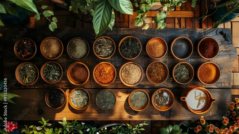 A table with many bowls of different spices and herbs A table with many bowls of different spices and herbs