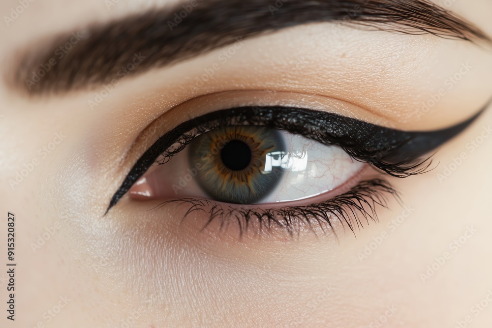 Obraz premium Detailed Close-Up of a Human Eye With Dramatic Eyeliner Design on a Light Background