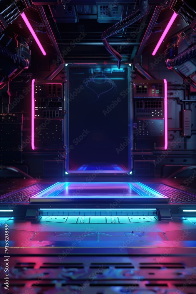 Fototapeta premium Neon-lit computer setup with a keyboard