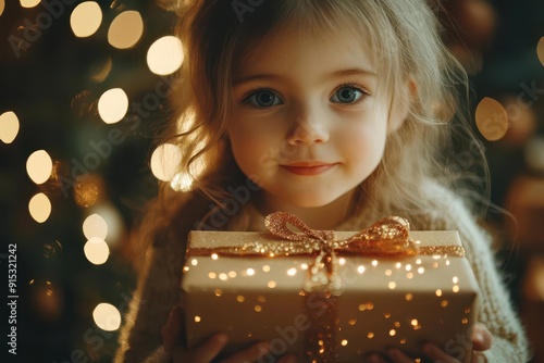 joyful child unwrapping presents beneath twinkling christmas tree wonder and delight captured in warm bokehfilled scene holiday magic personified photo