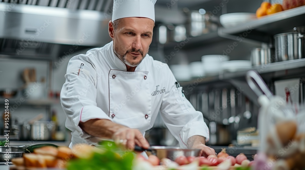 A dedicated chef prepares fresh ingredients in a busy restaurant kitchen during service hours A dedicated chef prepares fresh ingredients in a busy restaurant kitchen during service hours