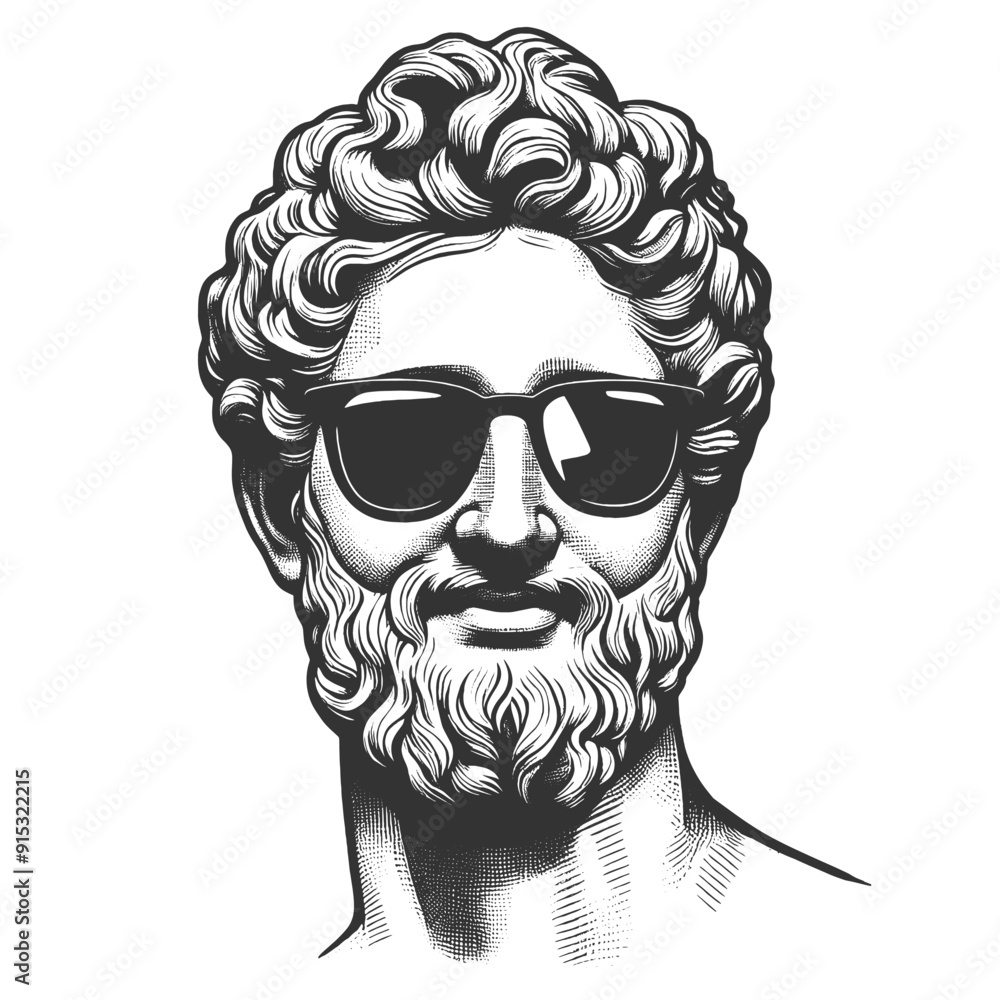 Fototapeta premium classical statue wearing sunglasses, ancient art with a modern, stylish twist sketch engraving generative ai fictional character vector illustration. Scratch board imitation. Black and white image.