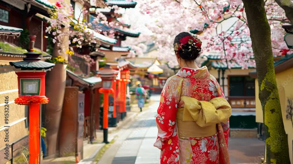 Geisha walking under cherry blossoms in Kyoto, traditional Japanese culture and spring scenery Geisha walking under cherry blossoms in Kyoto, traditional Japanese culture and spring scenery