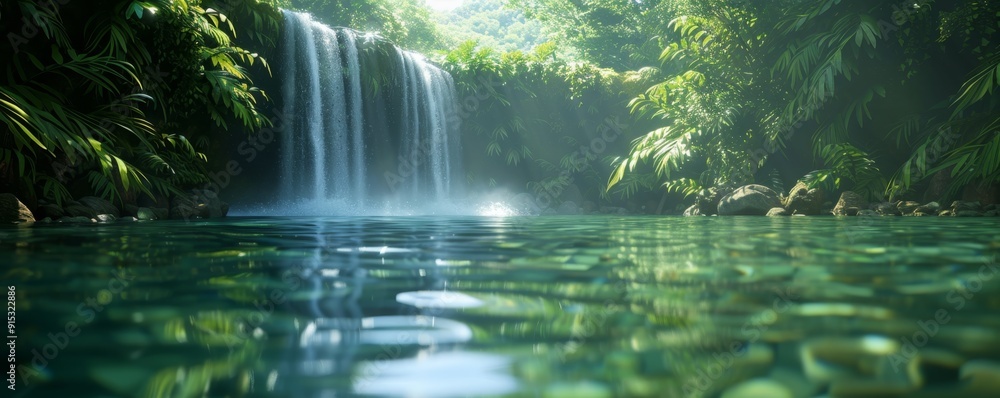 A serene waterfall cascading into a clear pool surrounded by lush greenery, capturing the beauty of nature's tranquility. A serene waterfall cascading into a clear pool surrounded by lush greenery, capturing the beauty of nature's tranquility.