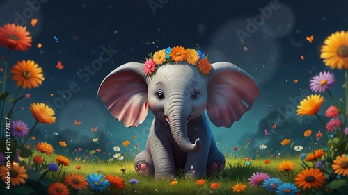an elephant and beautiful flowers with sunlight, cartoon style. Seamless looping 4k video animation