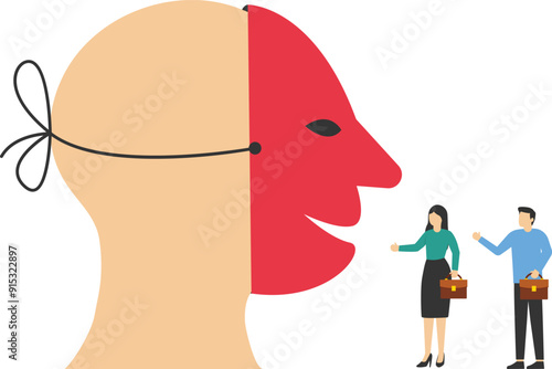 Dishonest businessman hiding behind disguise mask pretend to lying. Lies, fraud or fake, business cheating or suspicion false. Flat vector illustration.

