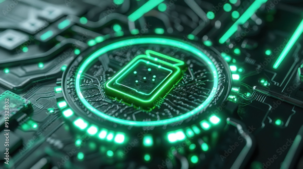 Futuristic green circuit board with glowing elements and a central chip symbolizing technology and innovation Futuristic green circuit board with glowing elements and a central chip symbolizing technology and innovation