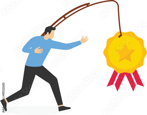 Person chasing dollar coin and trophy. Concept of extrinsic motivation, external reward or incentive, pursuing financial gain, benefit or profit, money hunting, flat vector illustration

