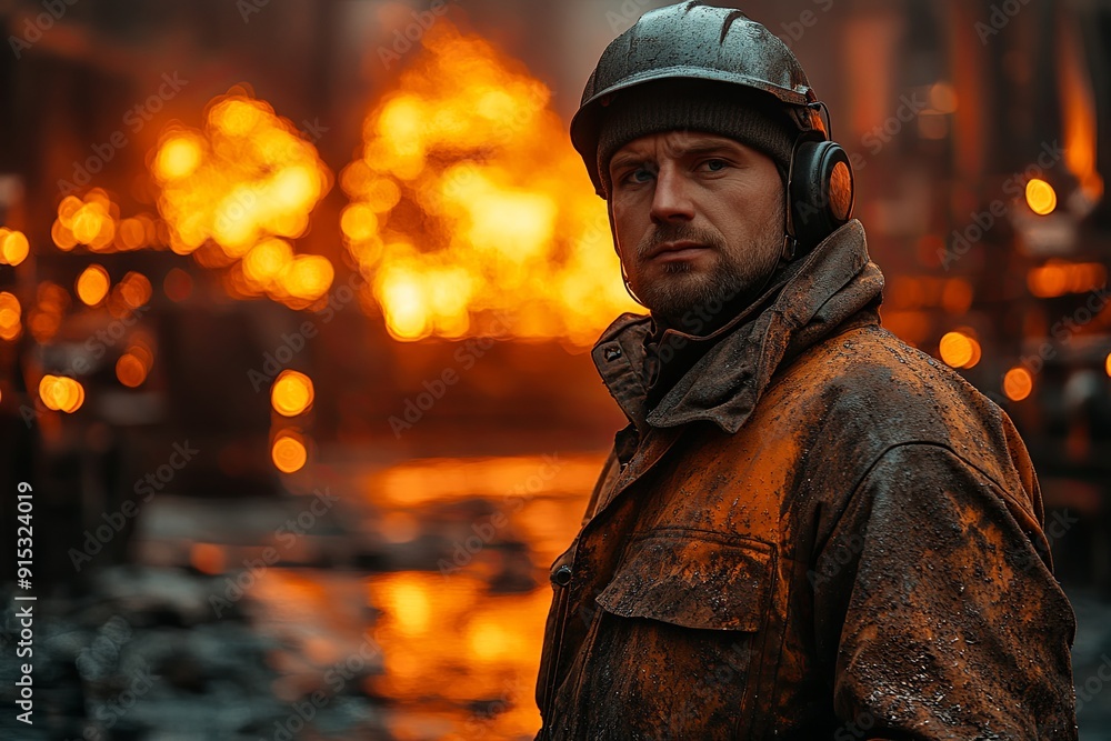 Worker in a protective helmet stands amidst flames in an industrial setting during the evening Worker in a protective helmet stands amidst flames in an industrial setting during the evening