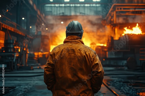 Worker observing furnace operations in an industrial factory during evening hours