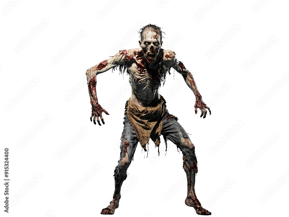 Terrifying zombie stumbles forward, showcasing decayed features and tattered clothes on isolated white background Terrifying zombie stumbles forward, showcasing decayed features and tattered clothes on isolated white background