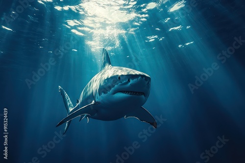 White shark in the vast blue ocean, showcasing the mysterious underwater photo