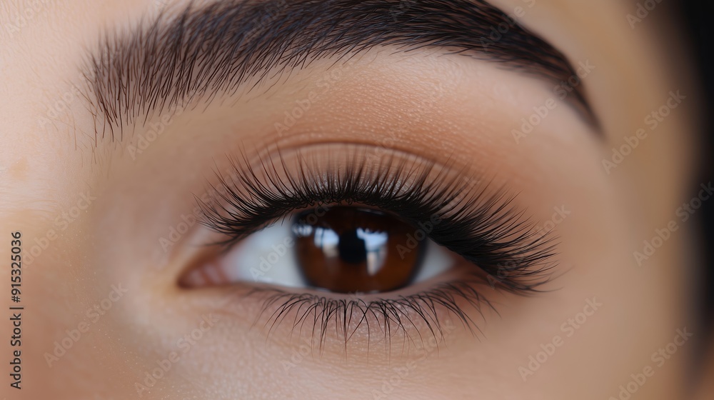 Obraz premium Close-up view of a person's eye highlighting beautifully long eyelashes and warm brown iris during bright daylight