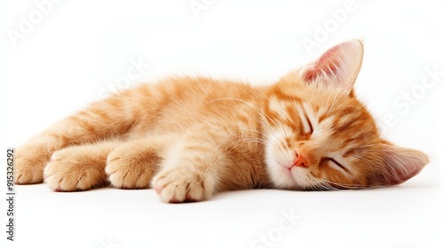 A cat is sleeping on a white background. The cat is orange and has a striped pattern. The cat is curled up and he is very relaxed