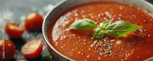 Creamy tomato soup with basil garnish, 4K hyperrealistic photo photo