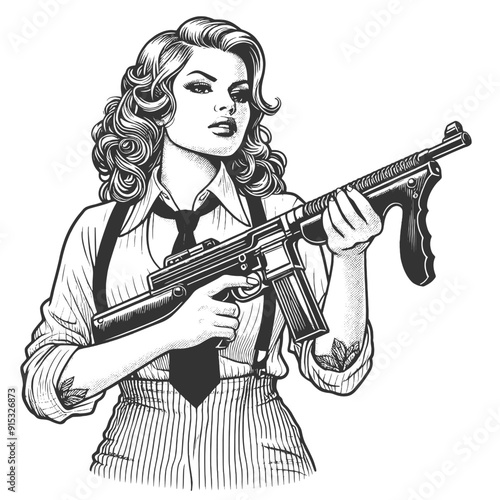 Woman with machine gun, exuding confidence, power, and old-school gangster style sketch engraving generative ai fictional character vector illustration. Scratch board imitation. Black and white image.