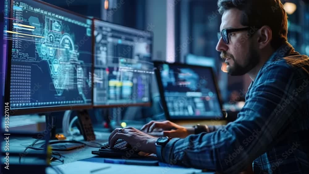 A man is sitting in front of a computer with two monitors and a keyboard. He is wearing glasses and he is focused on his work. Concept of productivity and concentration A man is sitting in front of a computer with two monitors and a keyboard. He is wearing glasses and he is focused on his work. Concept of productivity and concentration