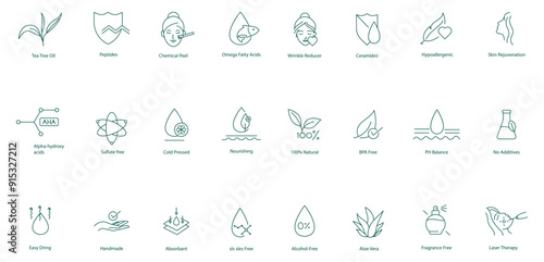 Skin Care Icons: Natural Ingredients, Treatments, and Free-From Features