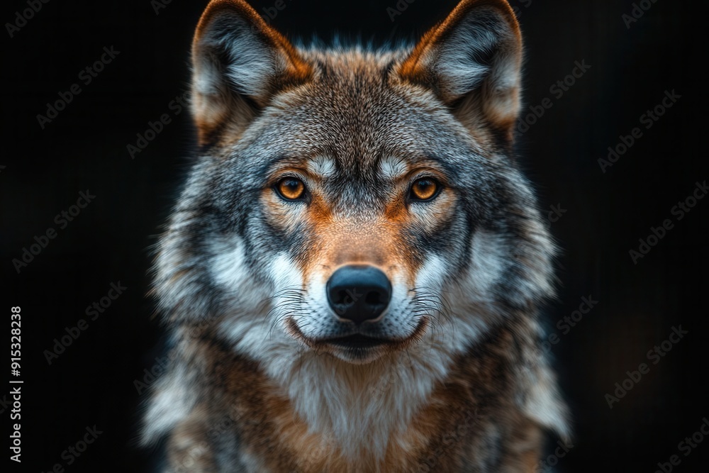 Fototapeta premium majestic adult wolf portrait on deep black background piercing eyes detailed fur texture and noble expression capture the wild beauty and strength of this iconic predator