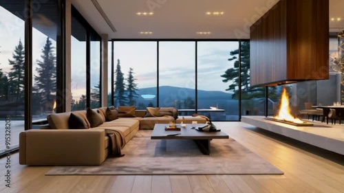 modern living room with mountain view