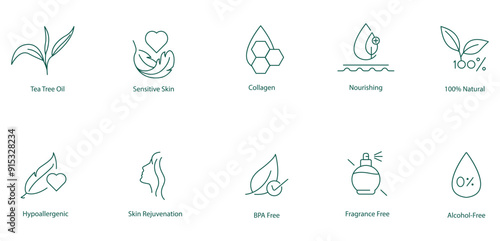 Tea Tree Oil, Sensitive Skin, Collagen, Nourishing, 100% Natural, Hypoallergenic, Skin Rejuvenation, BPA-Free, Fragrance-Free, Alcohol-Free Vector Icon Set