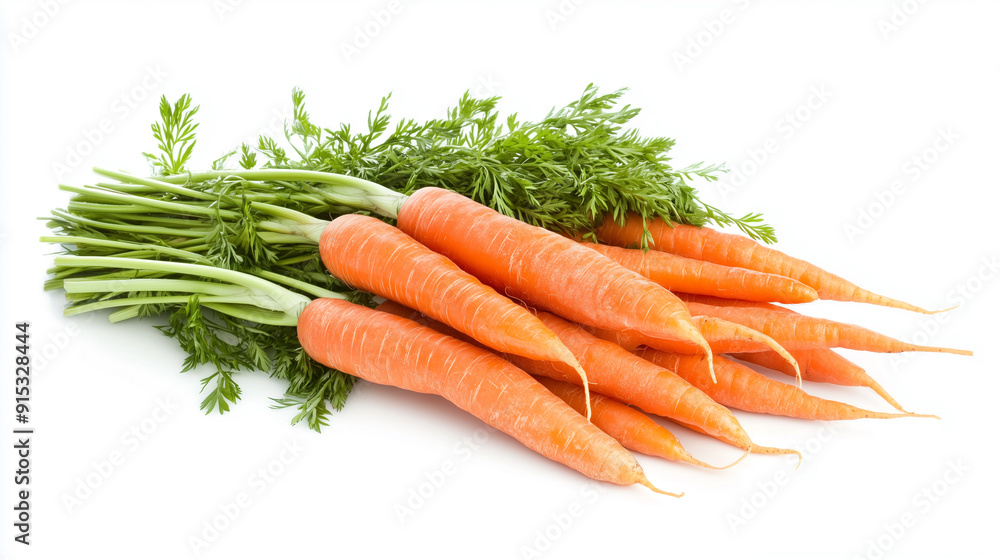Fresh organic carrots with green tops isolated on white background. A crisp and vibrant root vegetable bunch. Fresh organic carrots with green tops isolated on white background. A crisp and vibrant root vegetable bunch.
