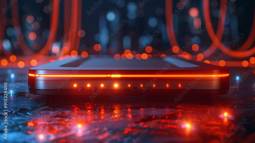 A futuristic device with glowing red lights sits on a dark surface with blurred red and blue lights in the background. The device has a sleek design and a subtle, minimalist aesthetic. A futuristic device with glowing red lights sits on a dark surface with blurred red and blue lights in the background. The device has a sleek design and a subtle, minimalist aesthetic.
