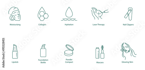 Moisturizing, Collagen, Hydration, Laser Treatment, Nail Clippers, Lipstick, Foundation Bottle, Powder Compact, Mascara, Glowing Skin Vector Icon Set