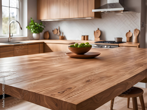 A kitchen interior, focusing on a wooden table or countertop in the foreground. The table has a natural wood finish with visible grain patterns. The ambiance is warm and inviting.