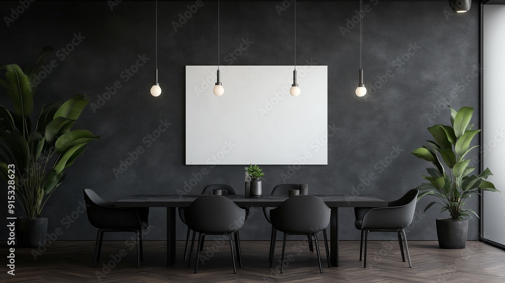 A dining table with a blank banner on the wall. A dining table with a blank banner on the wall.