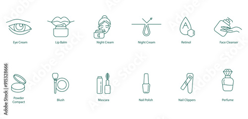Eye Cream, Lip Balm, Night Cream, Retinol, Face Cleanser, Powder Compact, Blush, Mascara, Nail Polish, Nail Clippers, Perfume Vector Icon Set