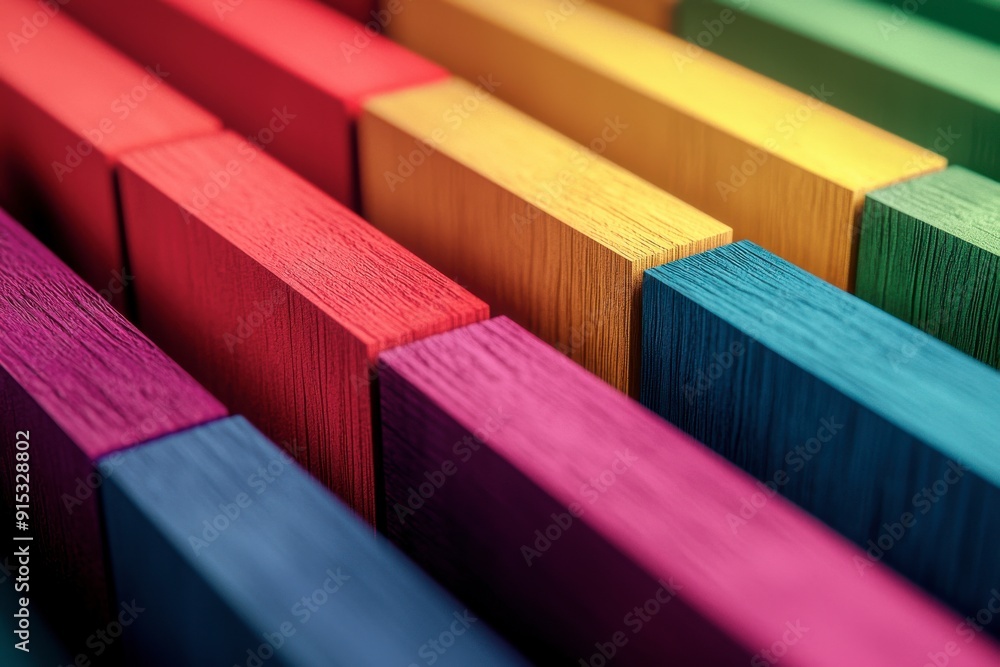 A row of colorful wooden blocks with a rainbow pattern A row of colorful wooden blocks with a rainbow pattern