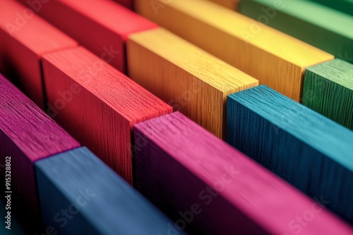 A row of colorful wooden blocks with a rainbow pattern photo