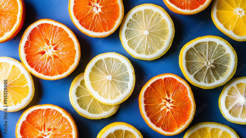 Obraz premium Colorful background of sliced oranges and lemons on a blue table, in a top view