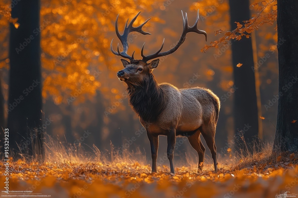 majestic elk in misty autumn forest golden leaves scattered on ground soft morning light filtering through trees majestic elk in misty autumn forest golden leaves scattered on ground soft morning light filtering through trees