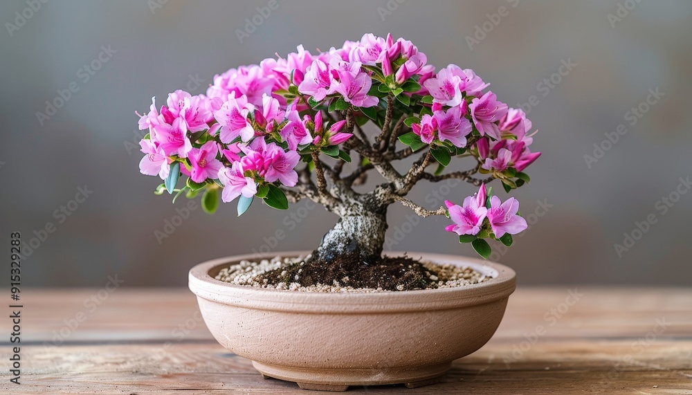 A vibrant bonsai tree in full bloom with bright pink flowers, captured against a neutral background to emphasize its beauty A vibrant bonsai tree in full bloom with bright pink flowers, captured against a neutral background to emphasize its beauty