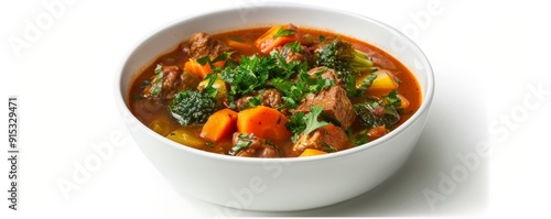 Bowl of hearty vegetable stew on white background, 4K hyperrealistic photo