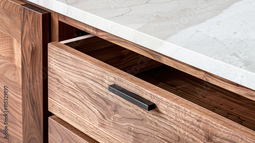 close-up shot of the modern kitchen cabinet's open drawer, showcasing an exquisite black handle and rich walnut wood finish. The countertop is made from white marble with visible veining, adding to it