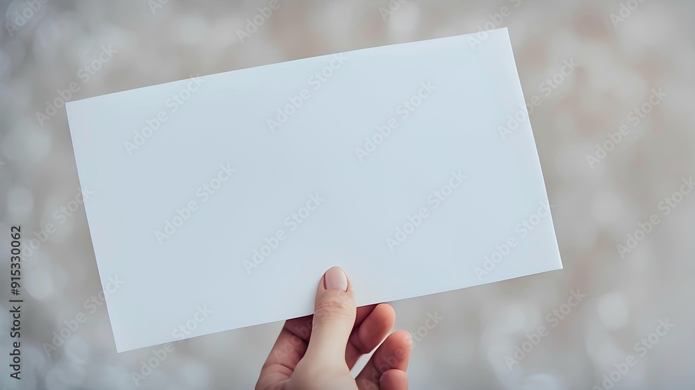 Crop hand holding a white paper against on blurred background Crop hand holding a white paper against on blurred background