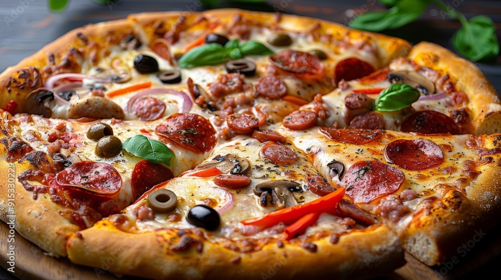 Delicious freshly baked pizza topped with pepperoni, olives, and vegetables served on a wooden table Delicious freshly baked pizza topped with pepperoni, olives, and vegetables served on a wooden table