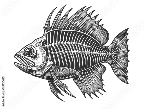 fish skeleton, showcasing intricate bone structure and sharp teeth sketch engraving generative ai vector illustration. Scratch board imitation. Black and white image.