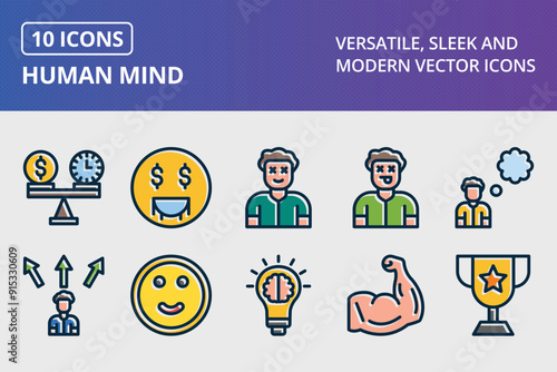 Human Mind Thick Line Filled Dark Colors Icons Set