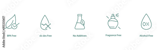 BPA Free, SLS, SLES Free, No Additives, Fragrance-Free, Alcohol-Free Icon Set