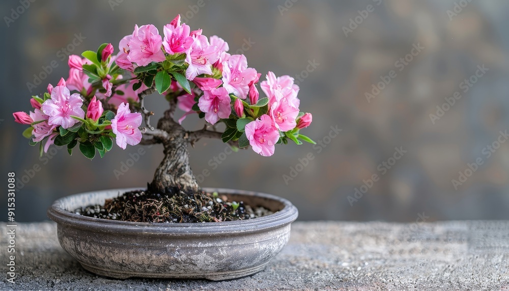 A vibrant bonsai tree in full bloom with bright pink flowers, captured against a neutral background to emphasize its beauty A vibrant bonsai tree in full bloom with bright pink flowers, captured against a neutral background to emphasize its beauty