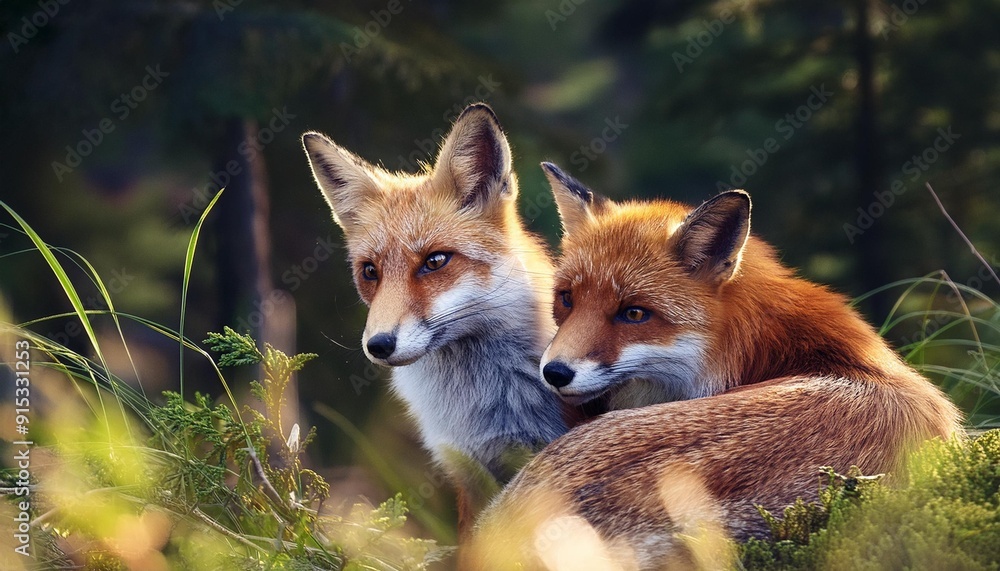 A pair of red foxes cuddling in a forest clearing.